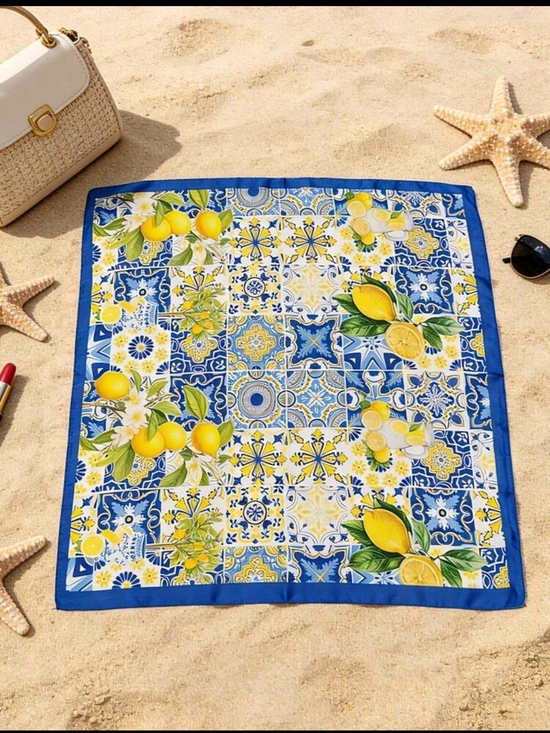 Accessories - Blue and Yellow Lemon Tile Print Beach Towel